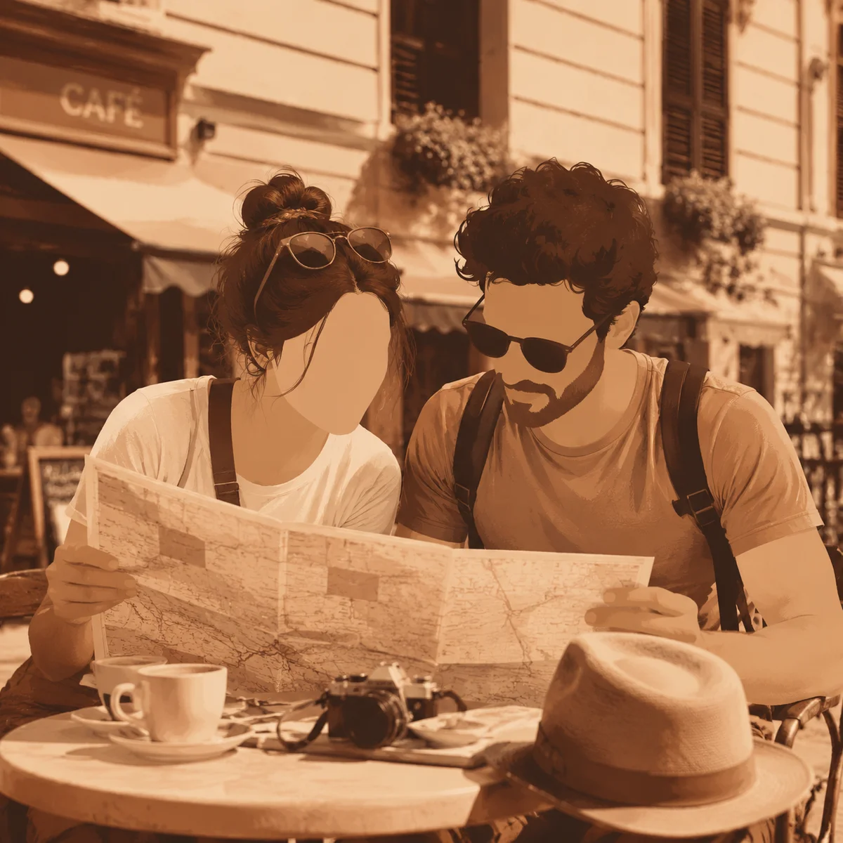 Two people looking at travel map at outdoor cafe