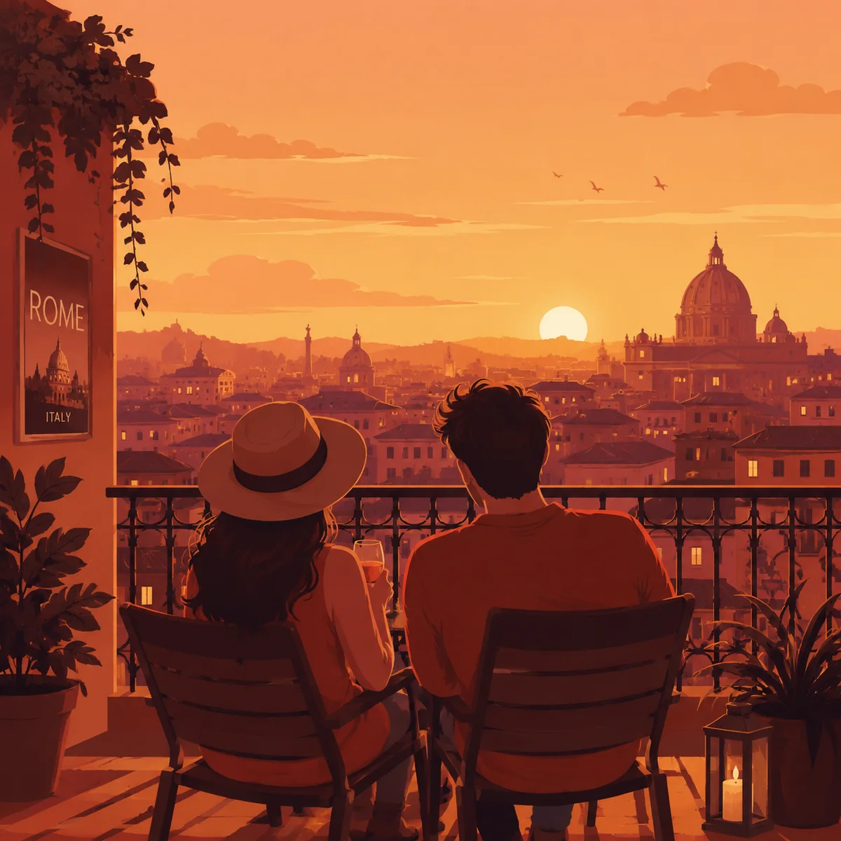 Couple on balcony overlooking city skyline at sunset