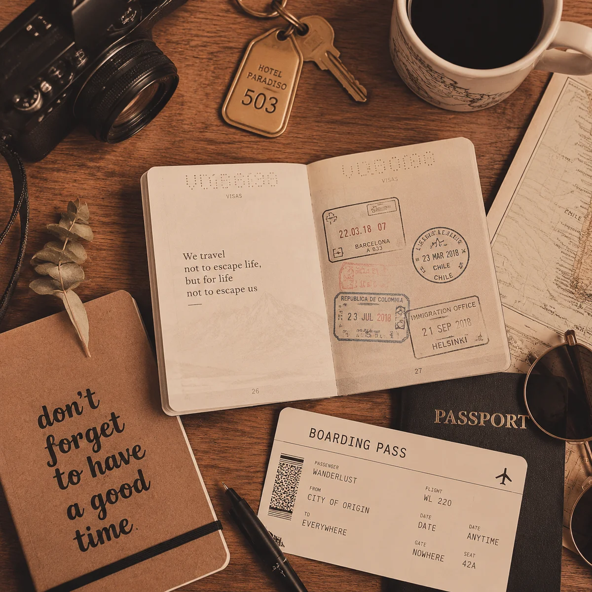 Open passport with travel accessories on hotel desk
