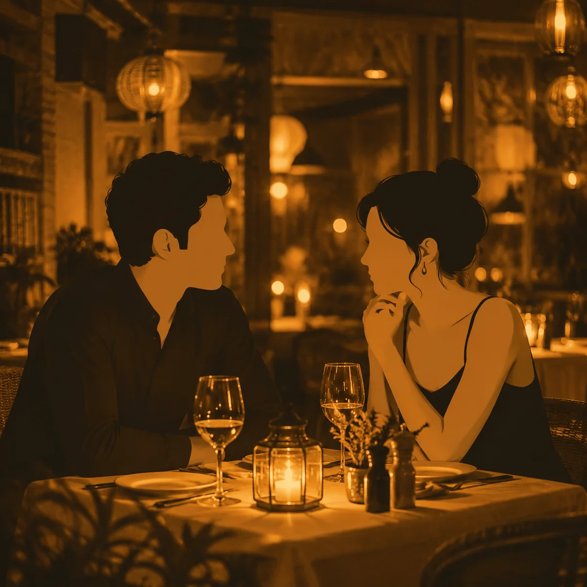 Couple having conversation in warmly lit restaurant