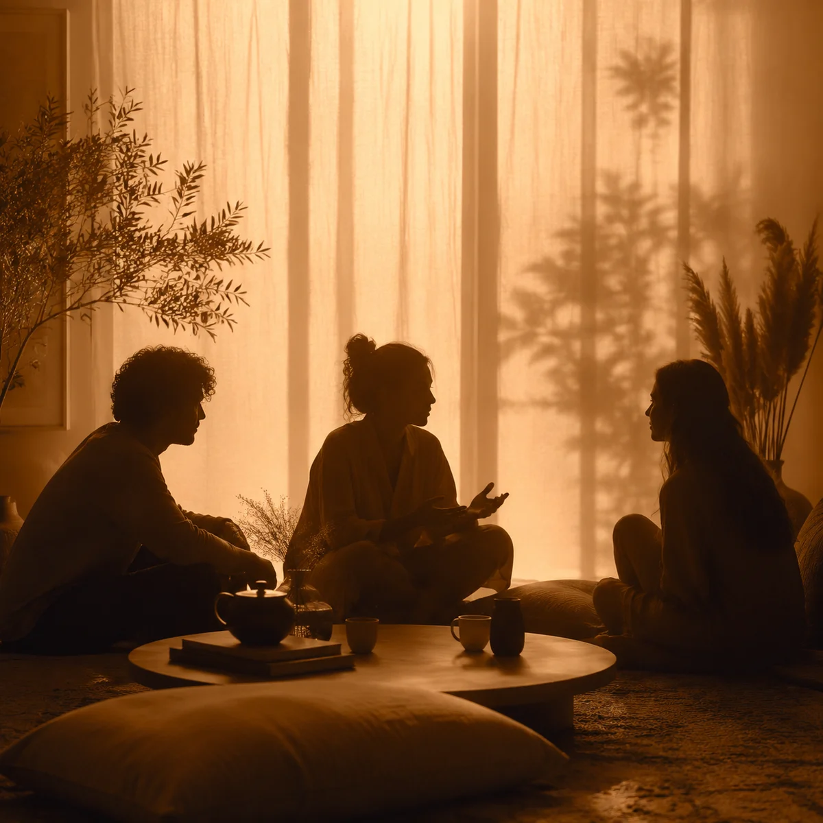 Three people in conversation exploring threesome dynamics together