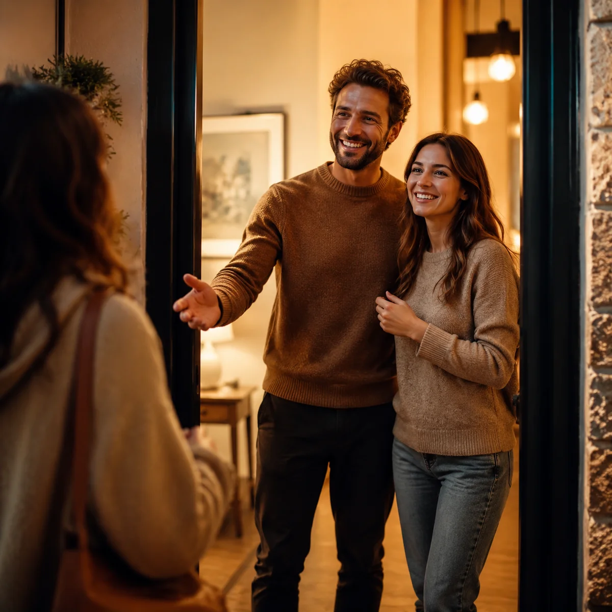 Two people warmly welcoming a guest at an apartment doorway with natural evening light