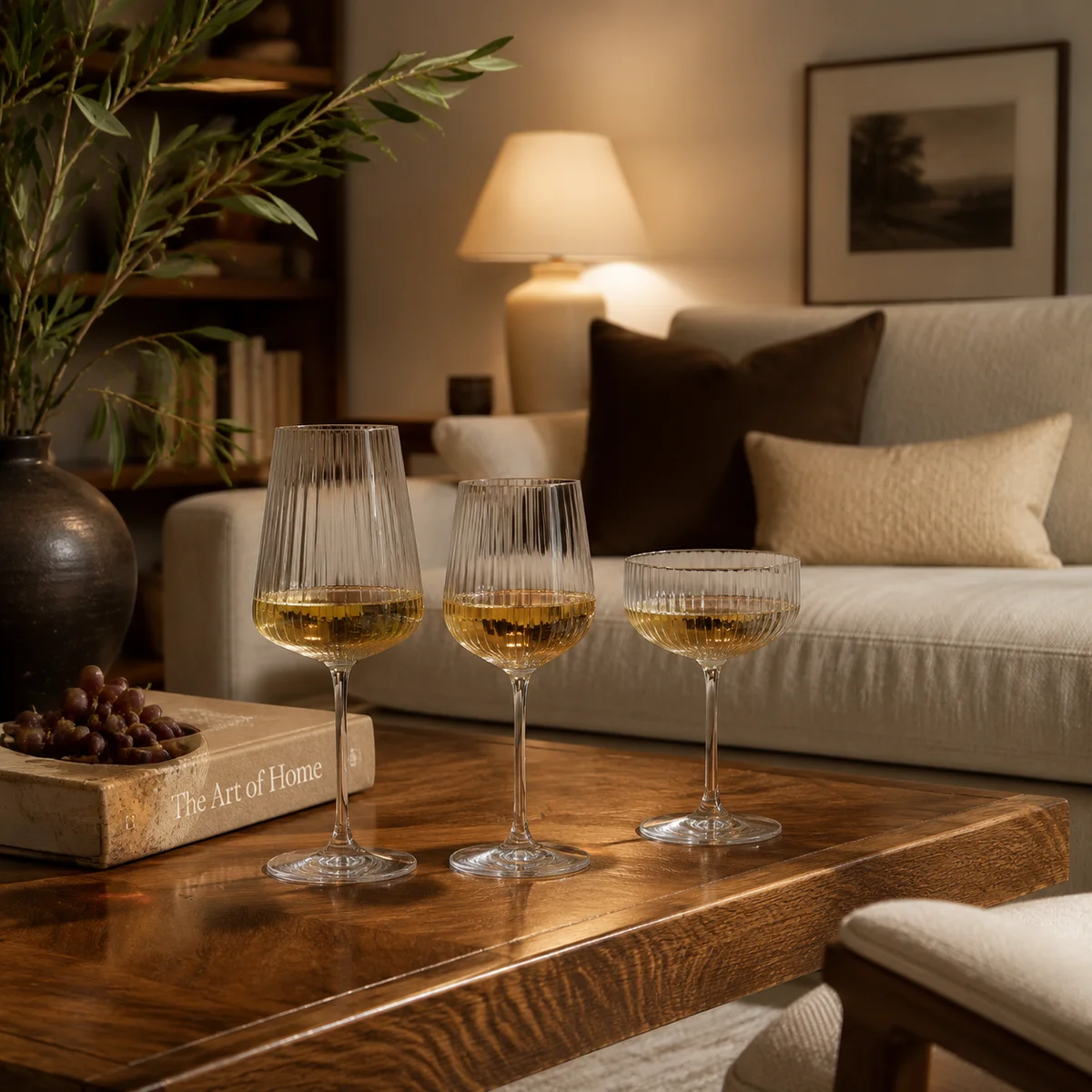 Three glasses on a warmly lit coffee table, casual and inviting atmosphere in a modern living room