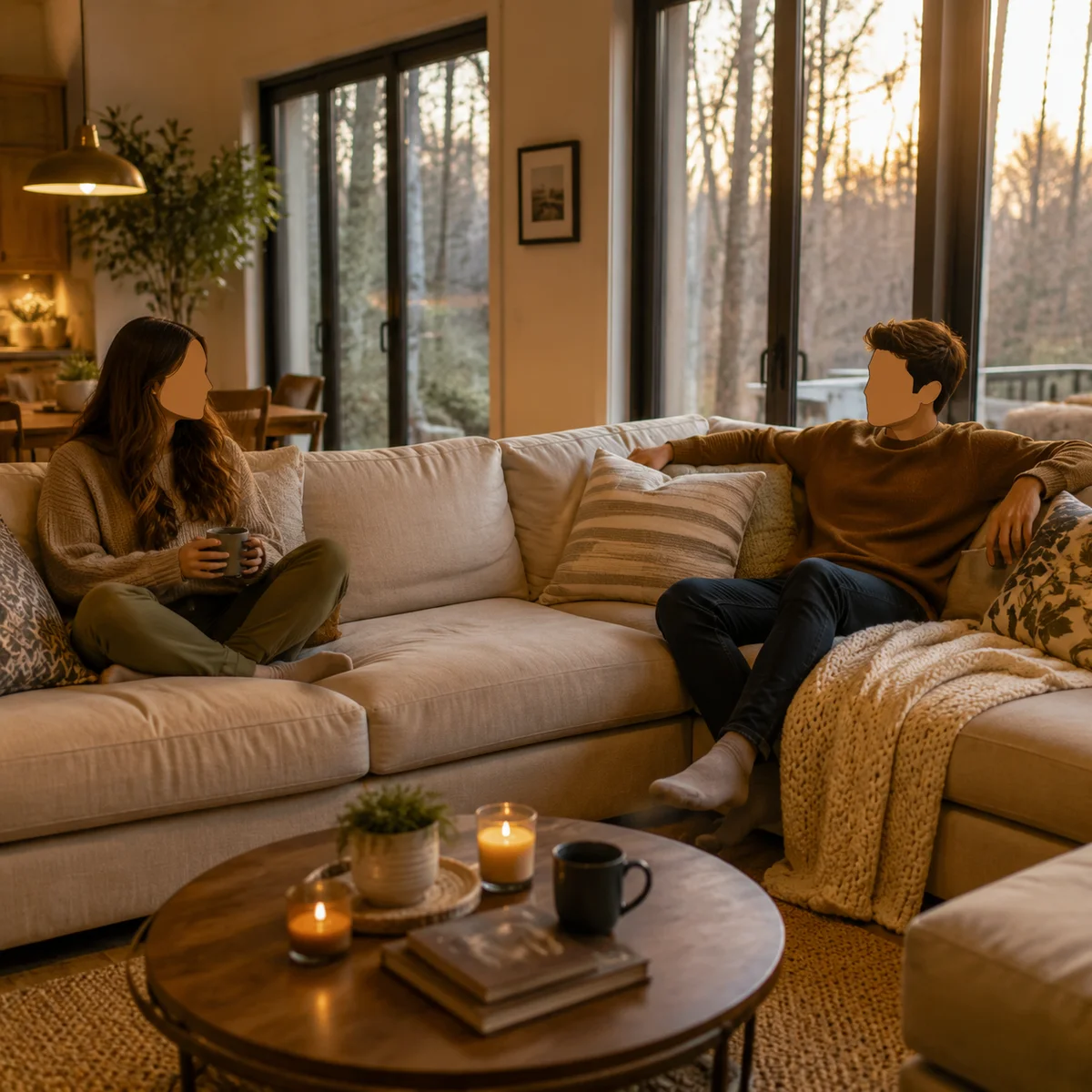 Two people in a living room making space for a third person to join them on a comfortable couch