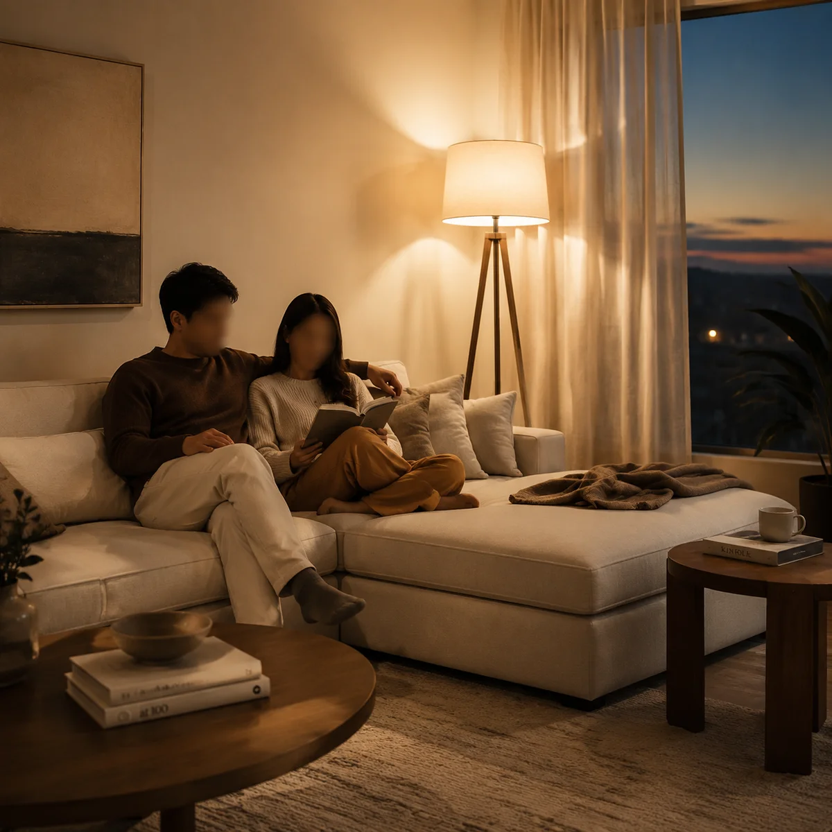 A quiet moment in a softly lit living room with two people relaxing and one empty seat, natural lifestyle scene