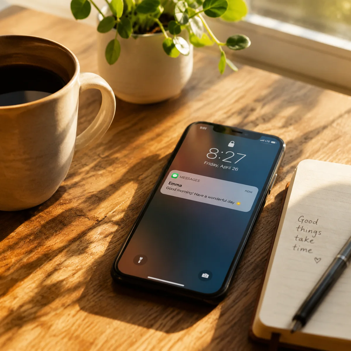 A phone on a table showing a thoughtful message notification, morning light through a window, lifestyle scene