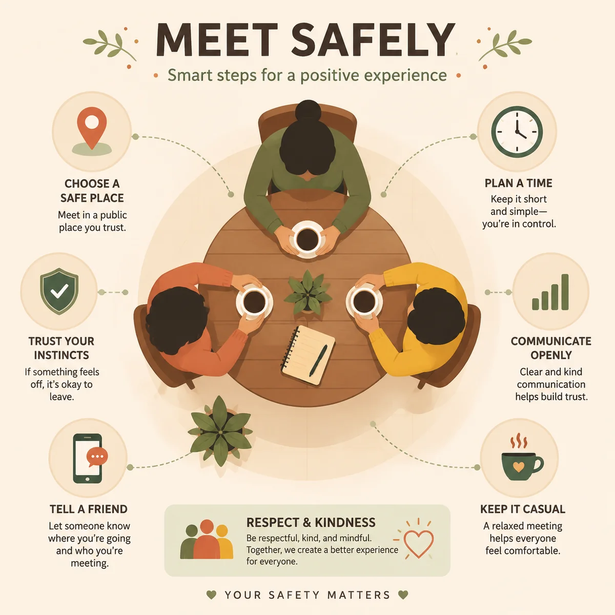 Infographic-chart illustration of three figures at a cafe with safety elements