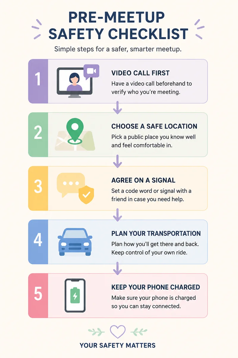 Vertical infographic checklist of pre-meetup safety steps with icons