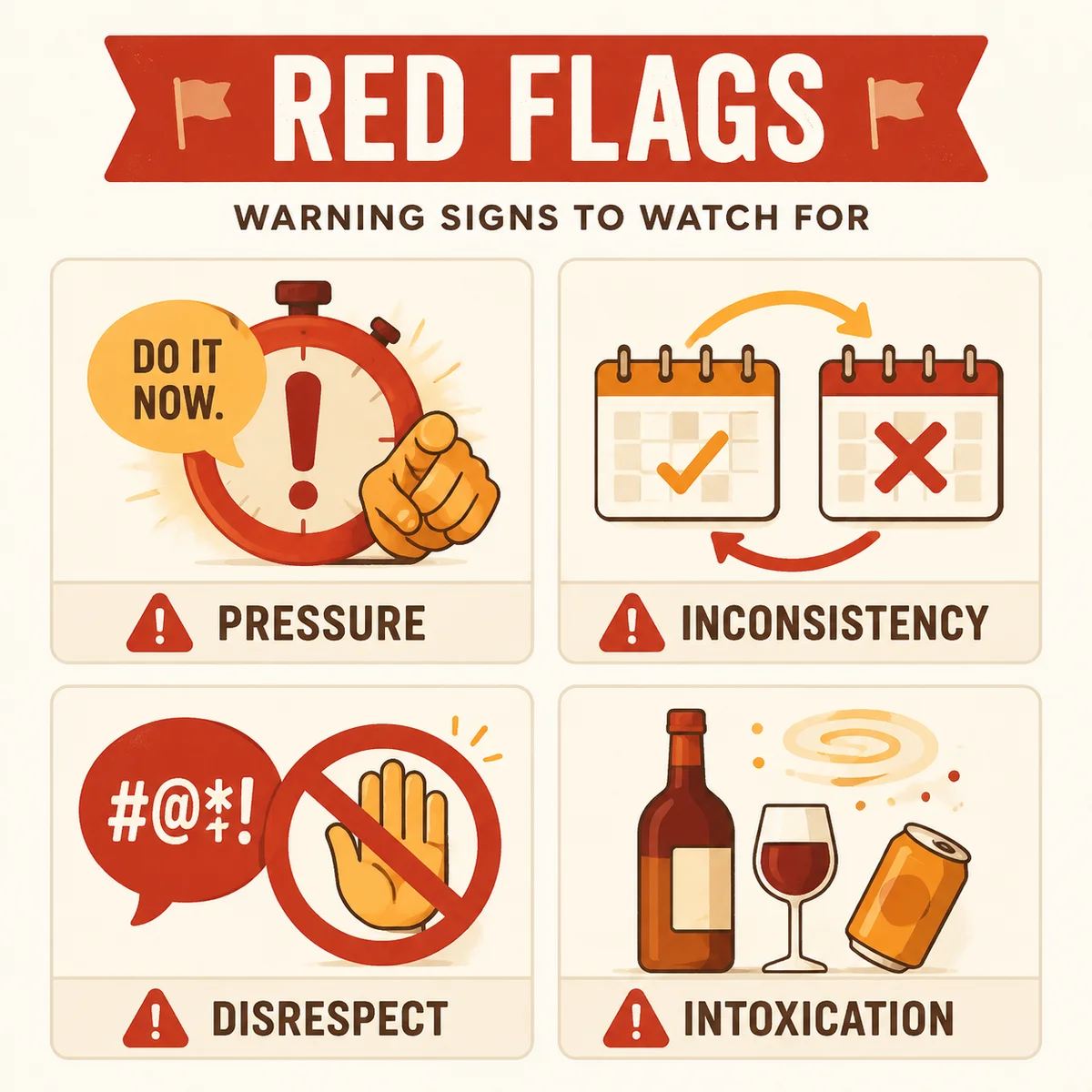 Red flags warning infographic with danger symbols in grid layout