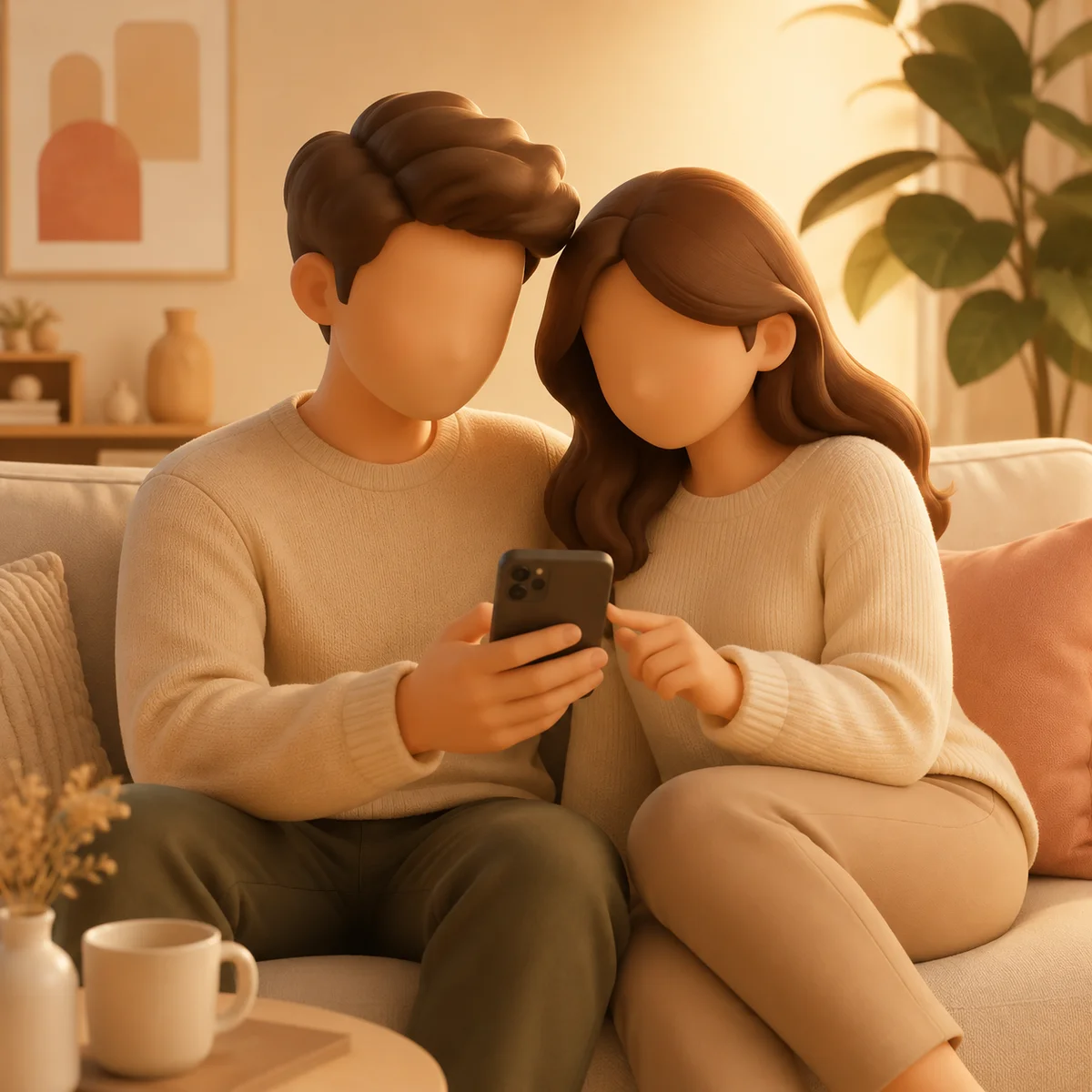 Couple sitting together on a sofa discussing who to invite for a threesome