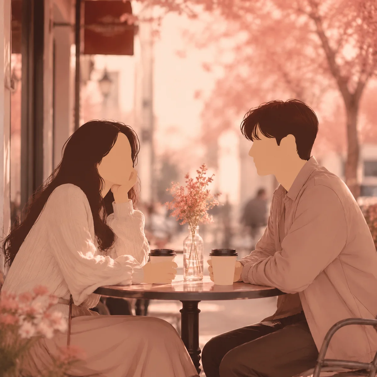 Two people having a casual conversation at an outdoor cafe