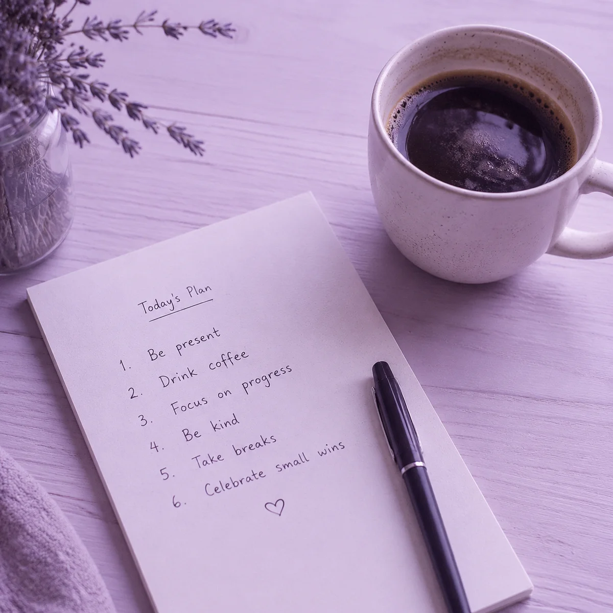 A handwritten checklist on a desk with a pen and coffee
