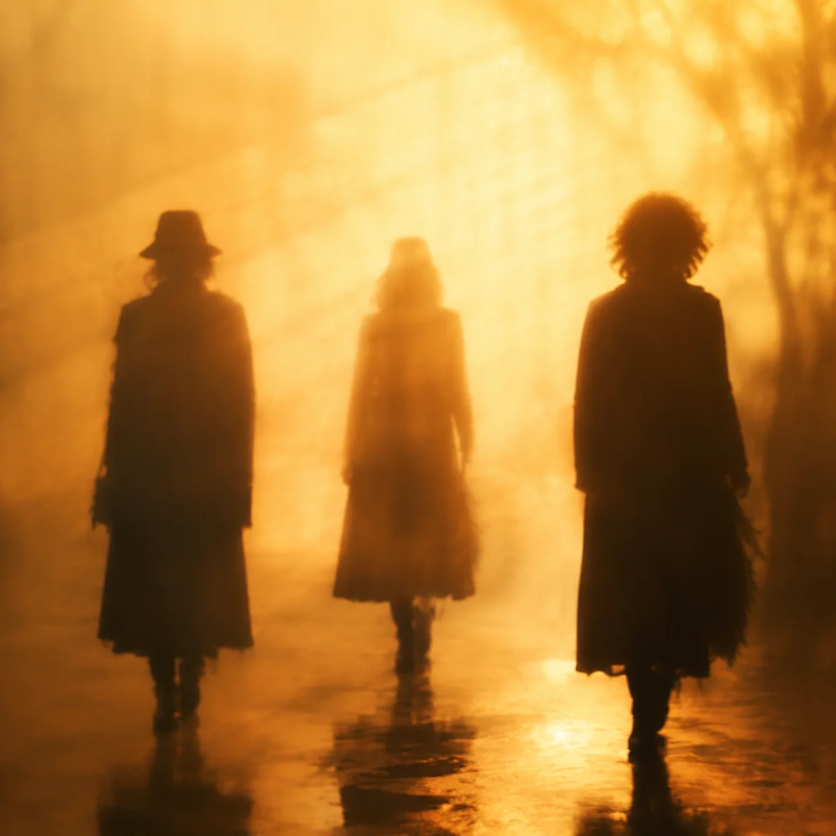 Three abstract silhouettes in warm backlight representing connection