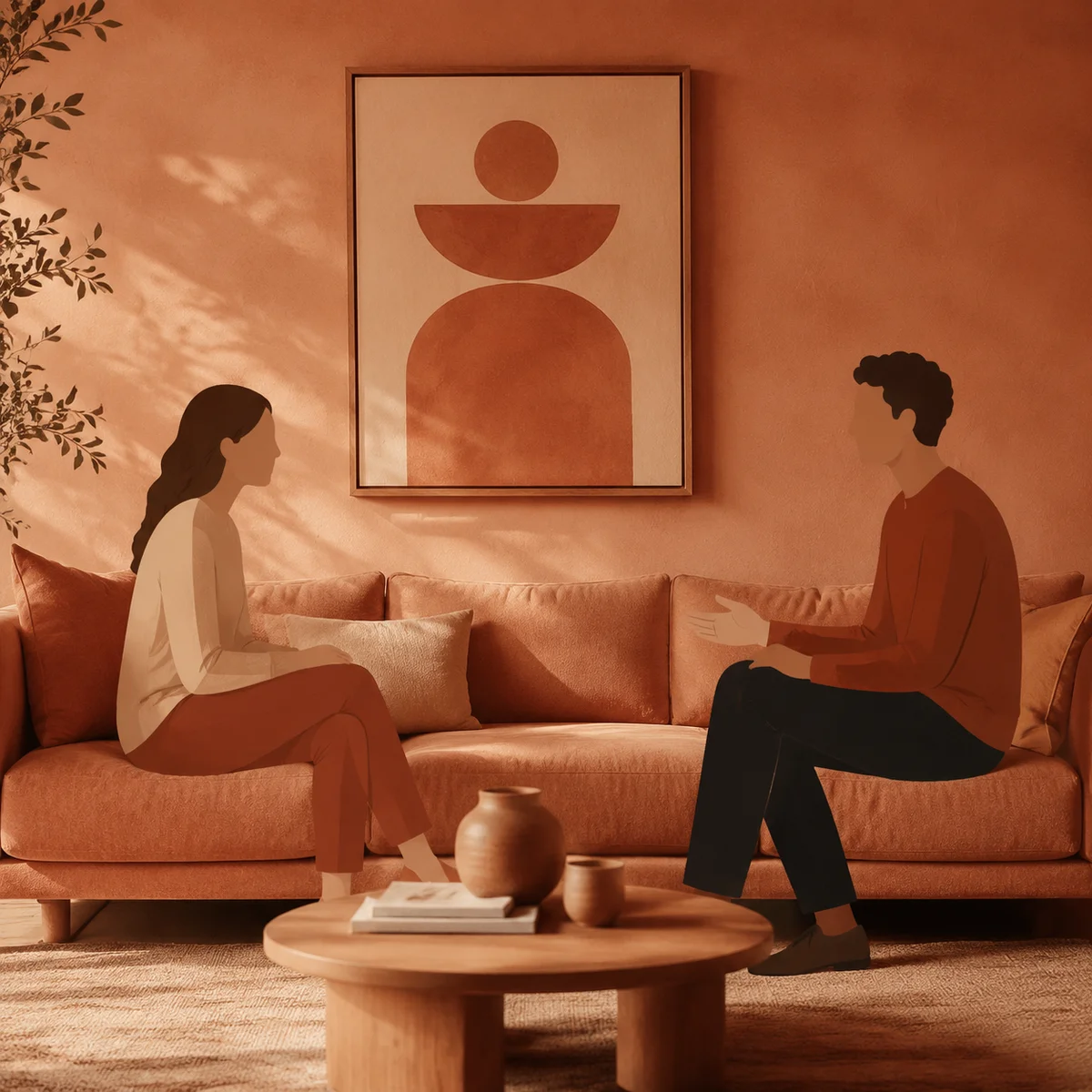 Two people sitting on a couch having a face-to-face conversation