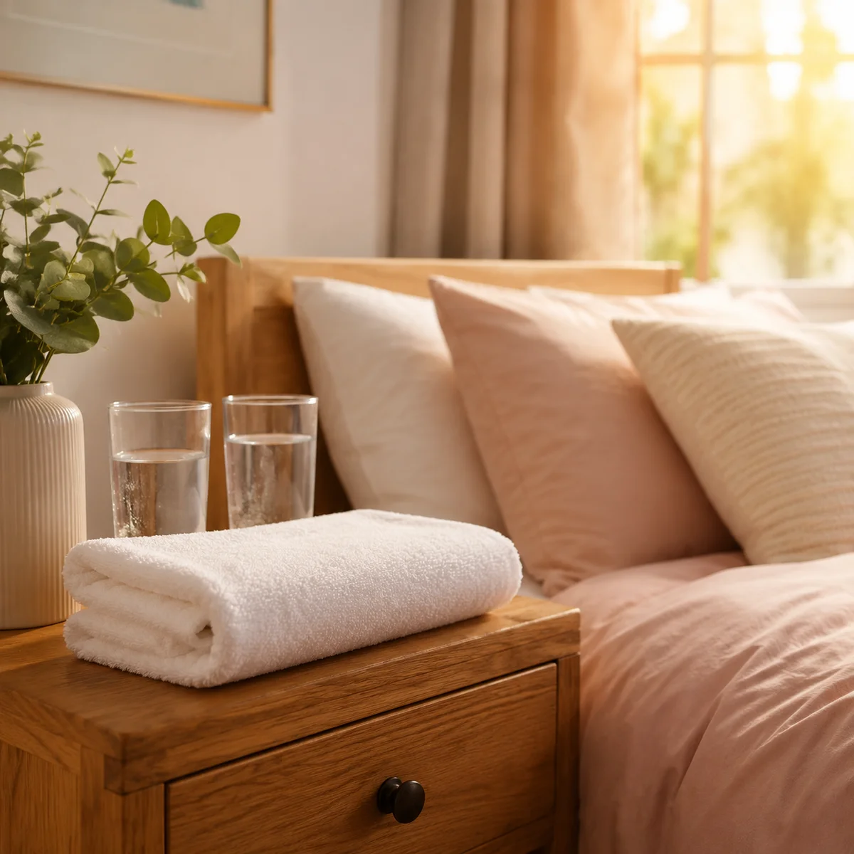 Lifestyle photo of a welcoming bedroom setup with water glasses and folded towels on a nightstand