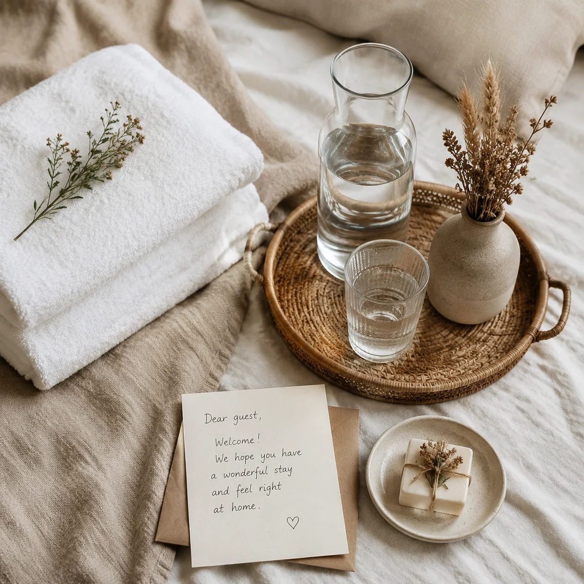 Overhead flat lay of guest welcome setup with towels, water carafe, dried flowers and welcome note