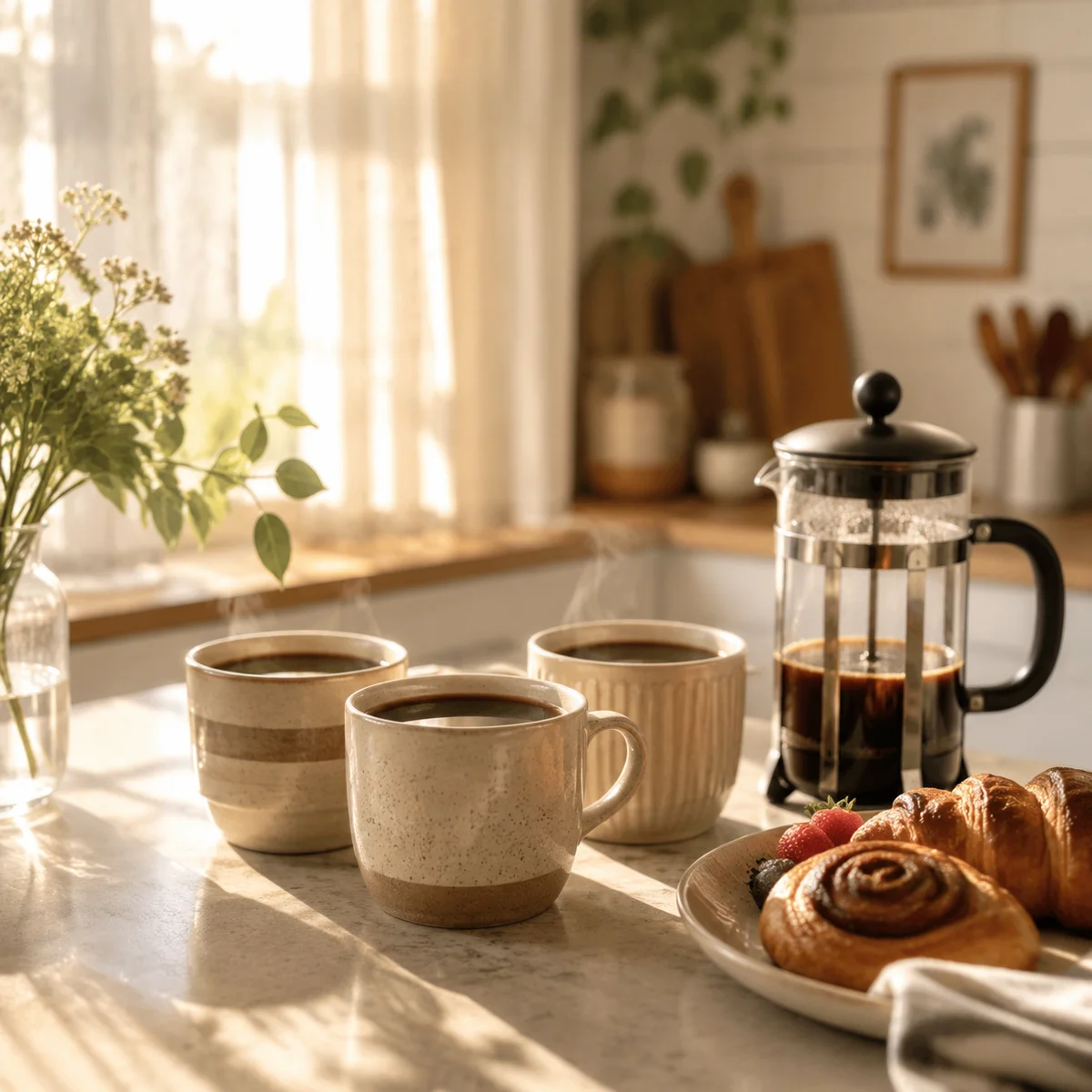 Morning sunlight on a kitchen counter with three coffee mugs, French press, and pastries