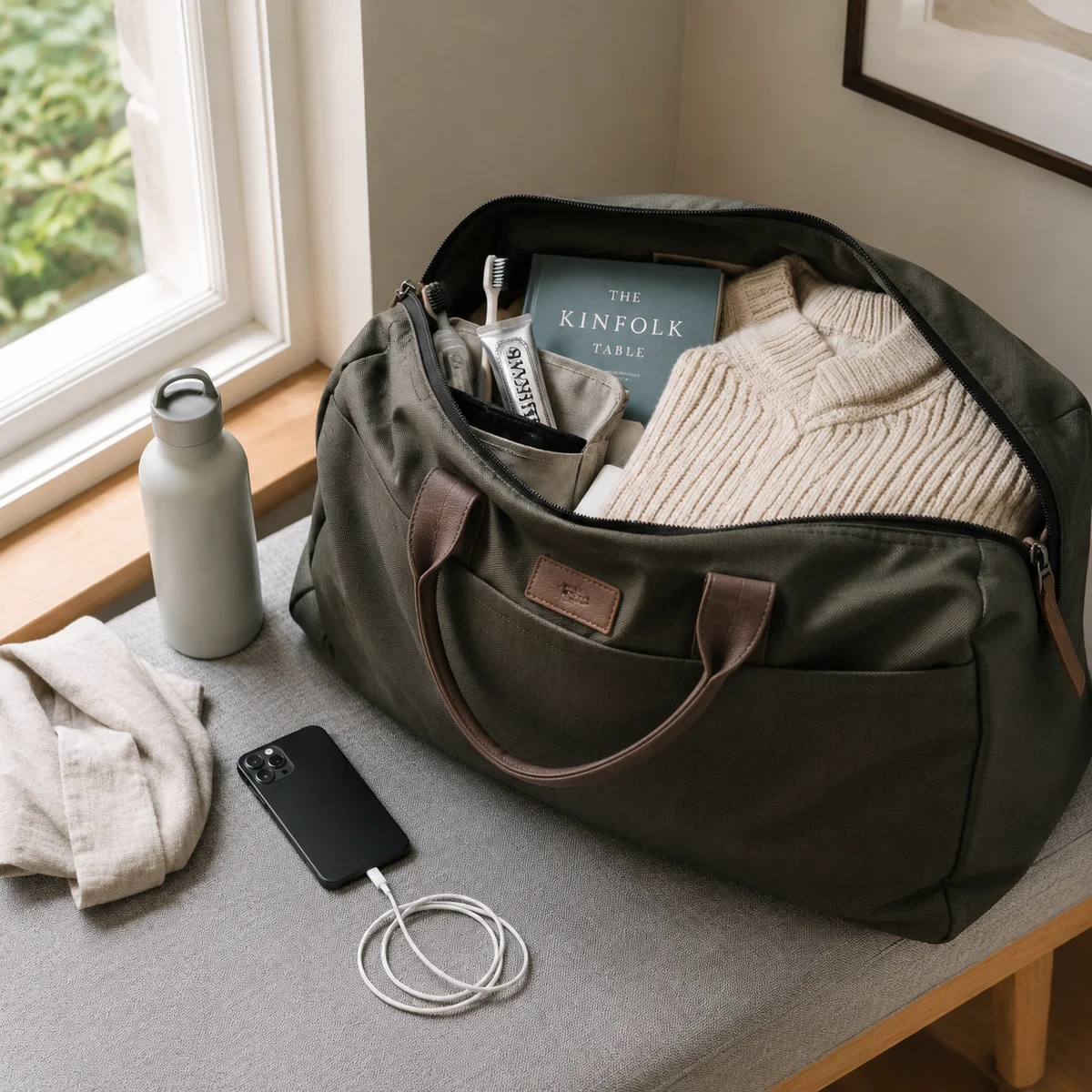 Lifestyle photo of a neatly packed overnight bag on a bench with essentials visible