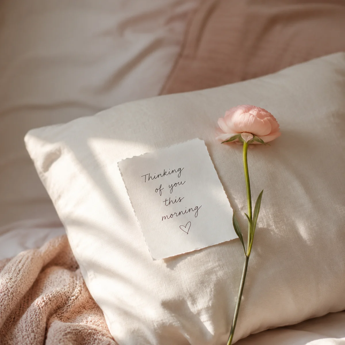 Lifestyle photo of a handwritten note and single flower on a pillow in morning light
