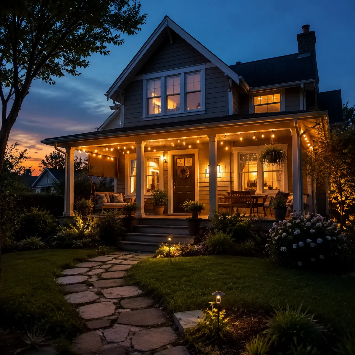Lifestyle photo of a cozy home exterior at dusk with warm glowing windows and string lights