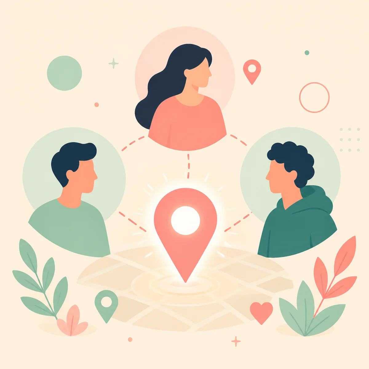 Three stylized figures around a map location pin representing local threesome connections