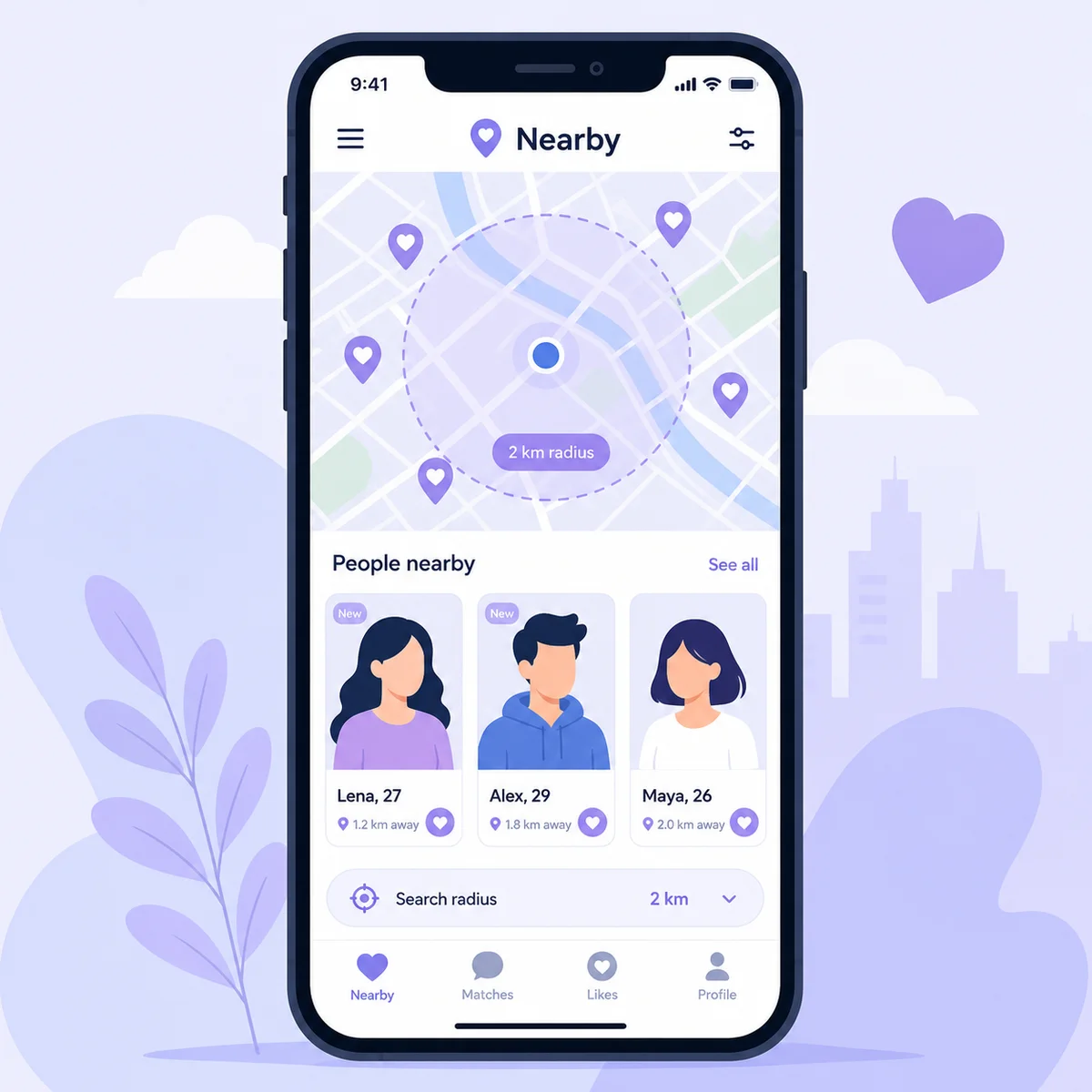 Smartphone displaying location-based dating app with map pins and profile cards