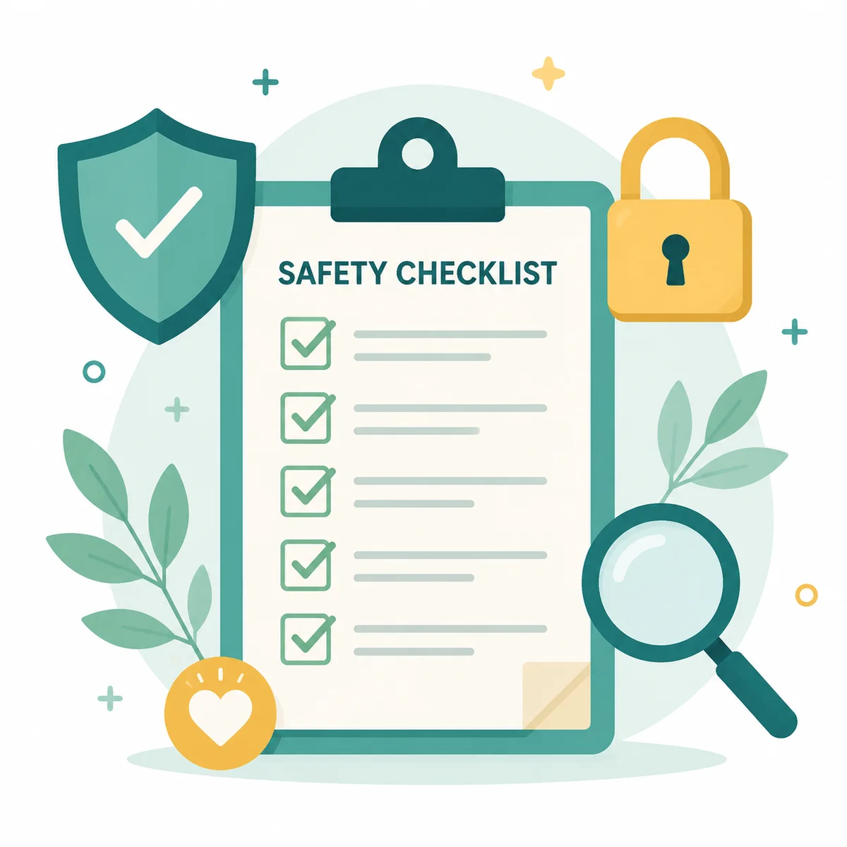 Safety checklist on a clipboard with shield, lock, and magnifying glass icons representing verification