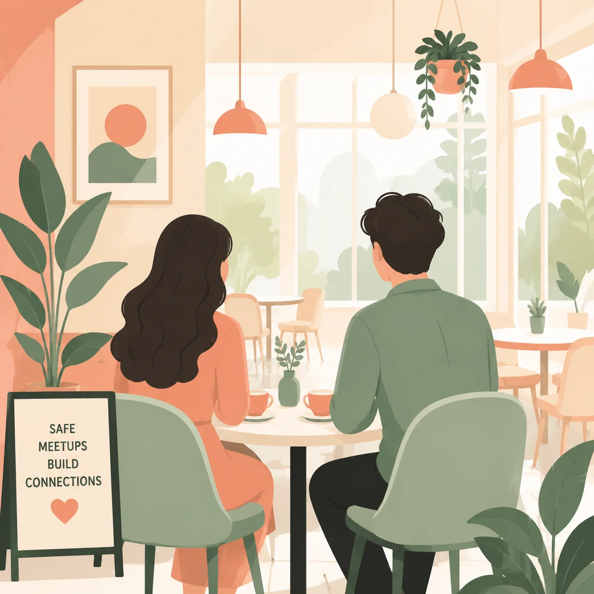 Two stylized figures seen from behind at a cafe table in a bright public setting