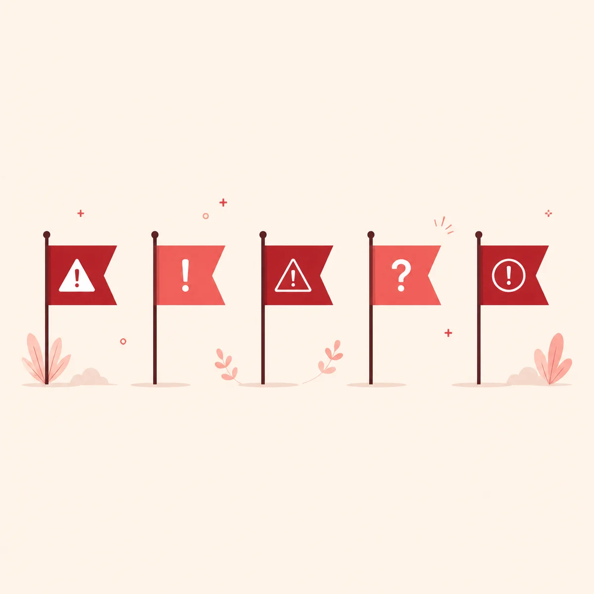 Row of red warning flags on a minimalist cream background with caution icons