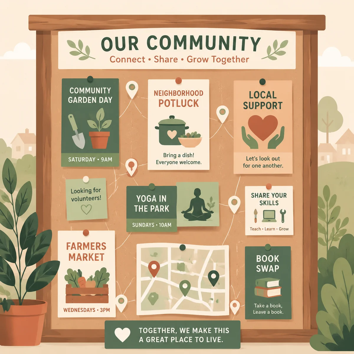 Community bulletin board with pinned flyers, location markers, and connection lines
