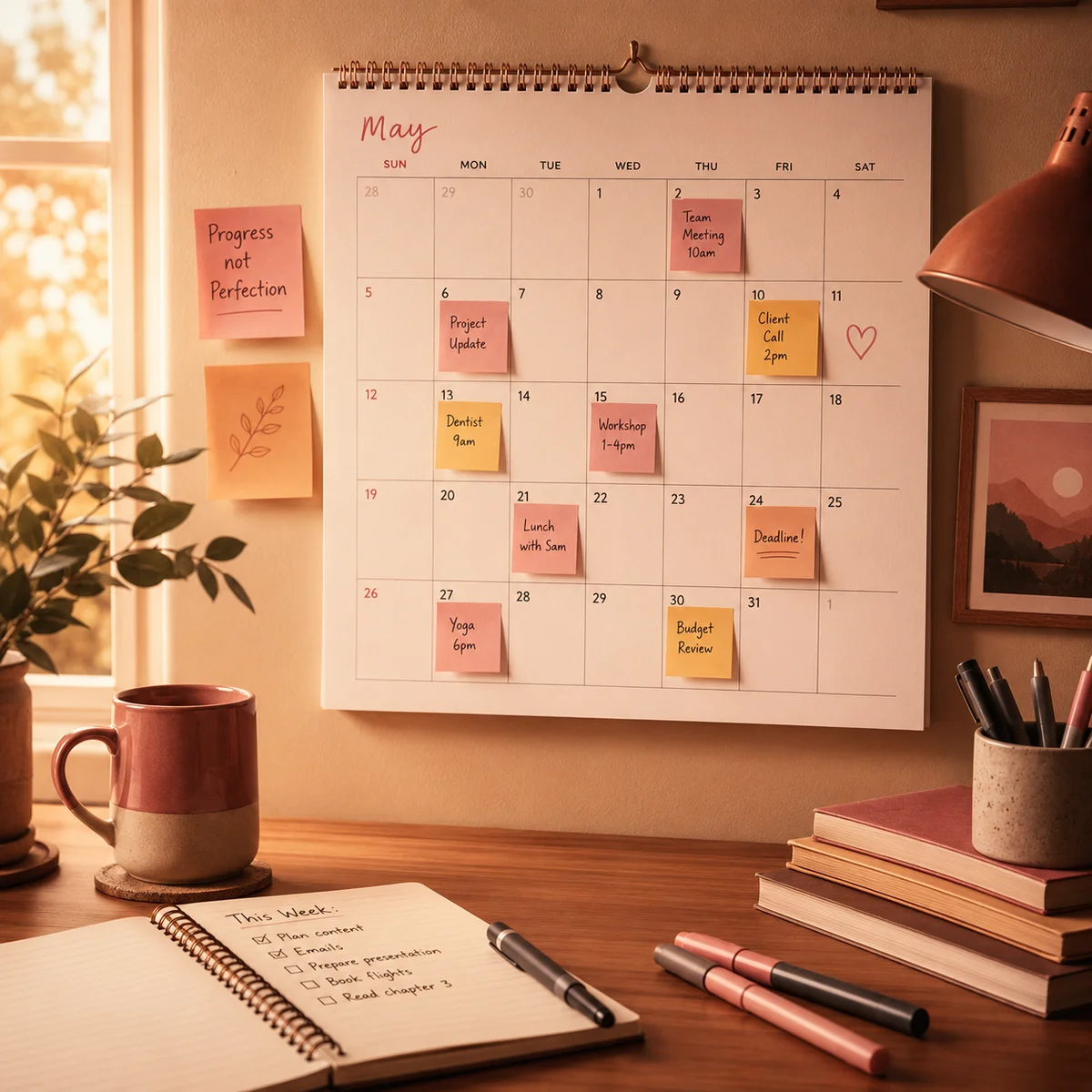 Warm duotone photograph of a wall calendar with colored markers representing scheduled relationship time in polyamory