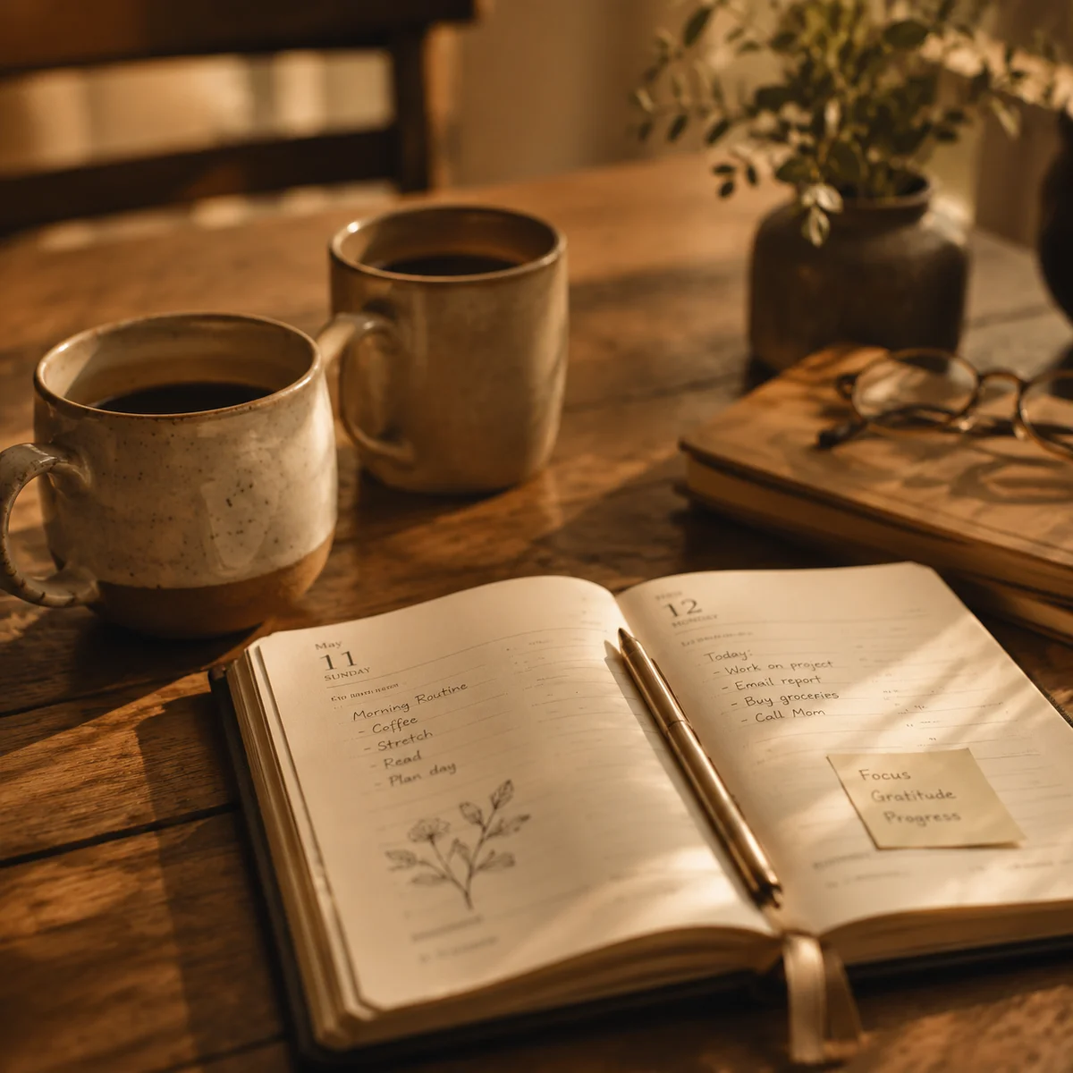 Soft warm-toned image of two coffee cups and a shared planner on a wooden table, symbolizing intentional ENM scheduling