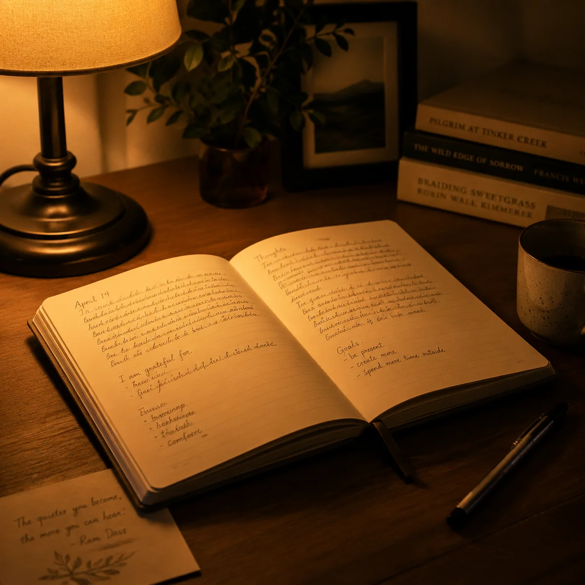 Duotone lifestyle photograph of a person writing in a journal with warm amber lighting, representing self-reflection in poly time management