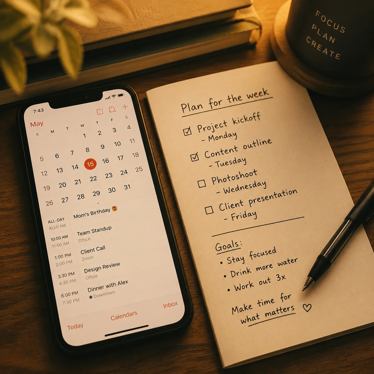 Cozy warm duotone scene of a digital calendar on a phone next to a handwritten note, balancing structure and flexibility