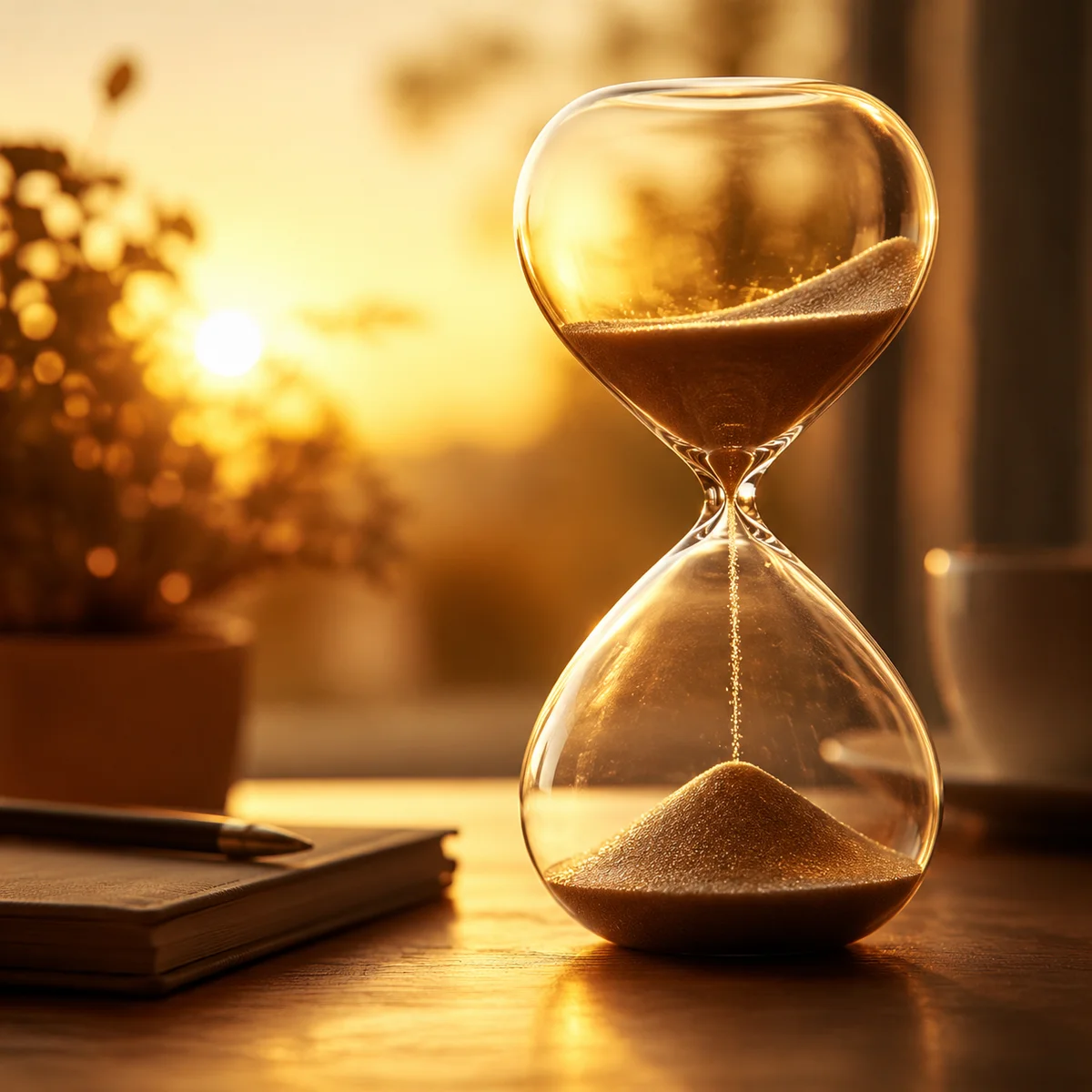 Warm duotone image of an hourglass with soft ambient light, symbolizing mindful time allocation in polyamorous relationships