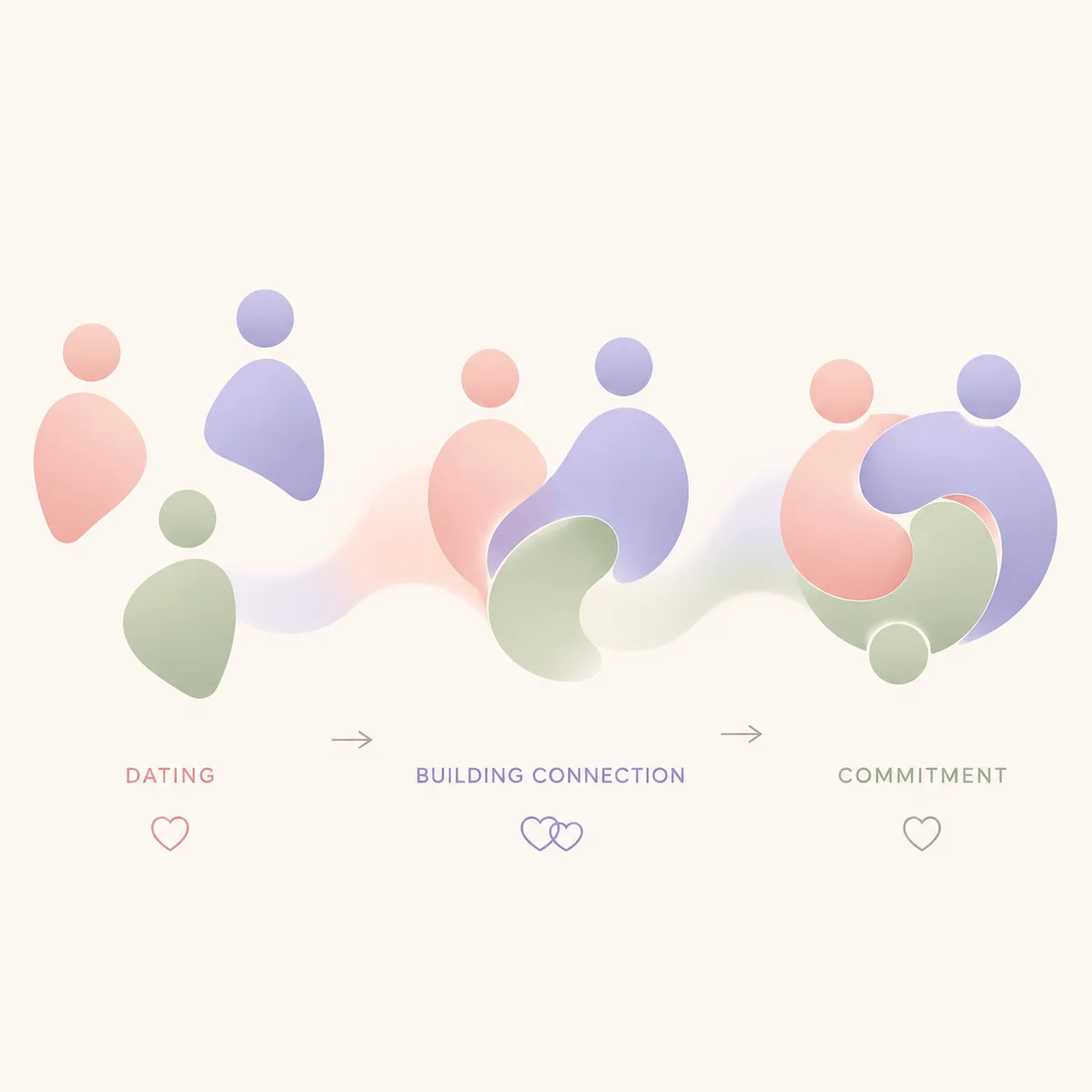 Three gradient shapes in soft transition from casual positioning to interlocked arrangement, symbolizing relationship evolution