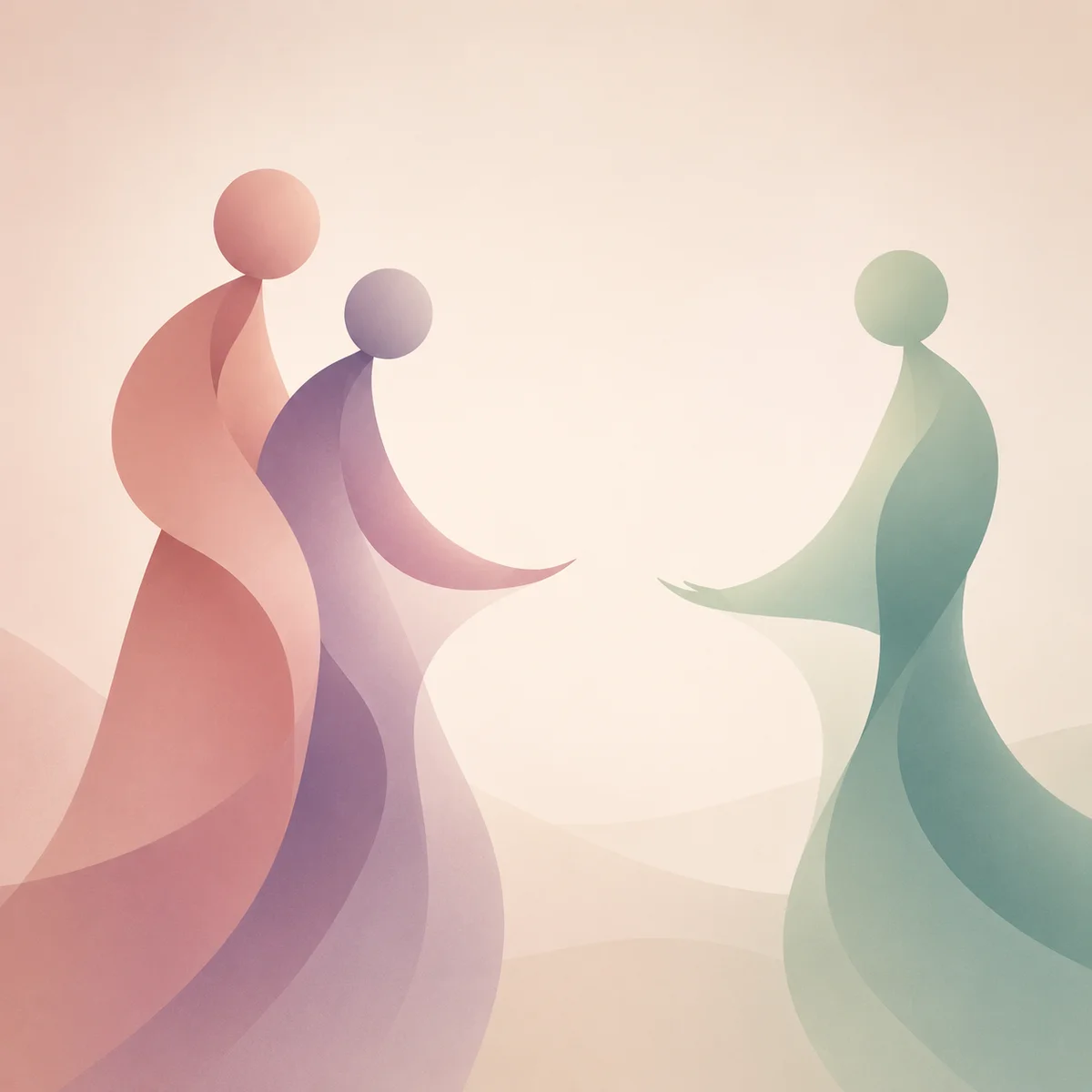 Two gradient shapes facing a third with open space between them, representing an invitation rather than a demand