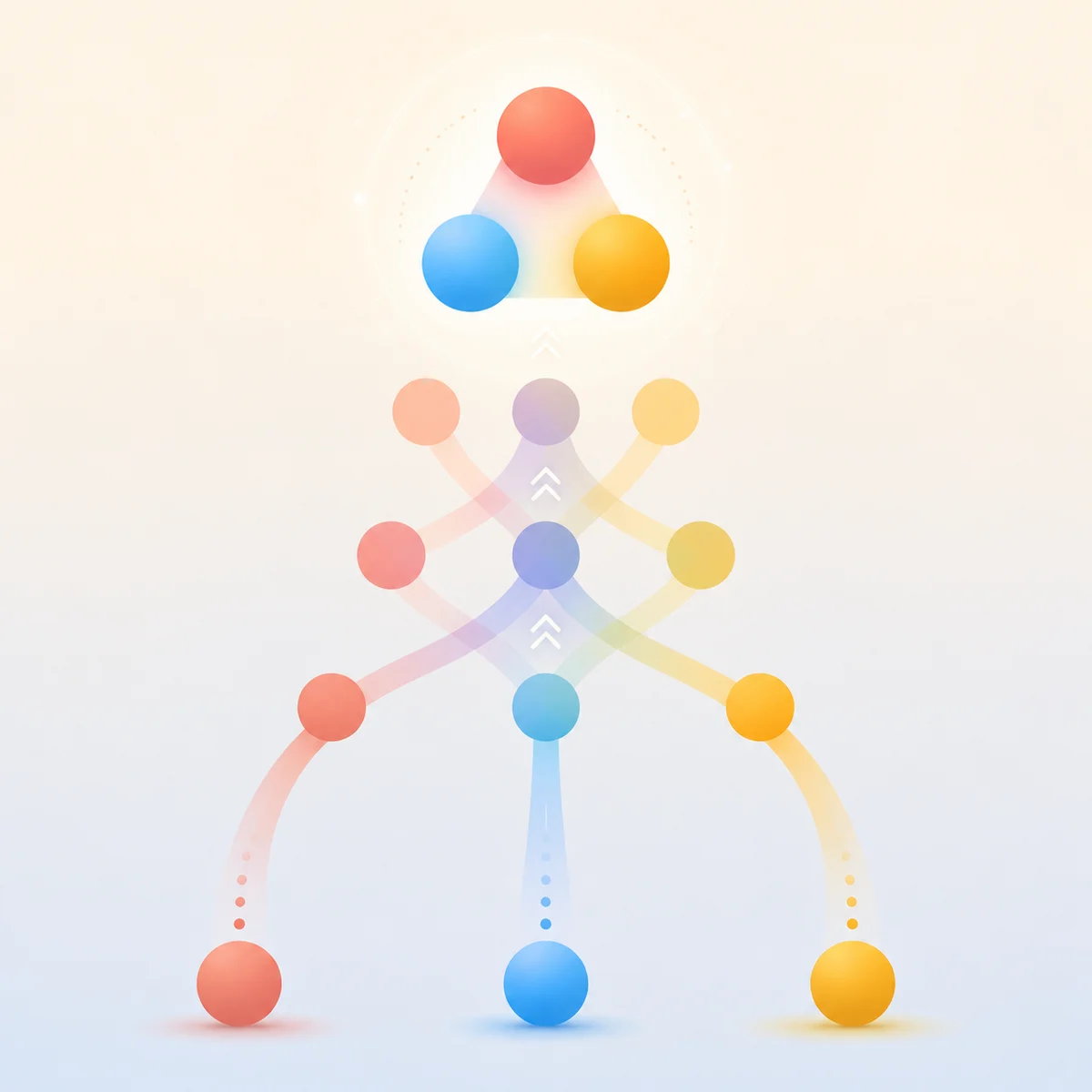 Gradient visualization of three circles evolving from separate positions into a balanced triangular arrangement