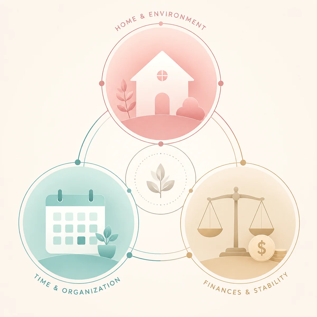 Three gradient nodes connected around practical life symbols — home, calendar, finances — with balanced interconnections