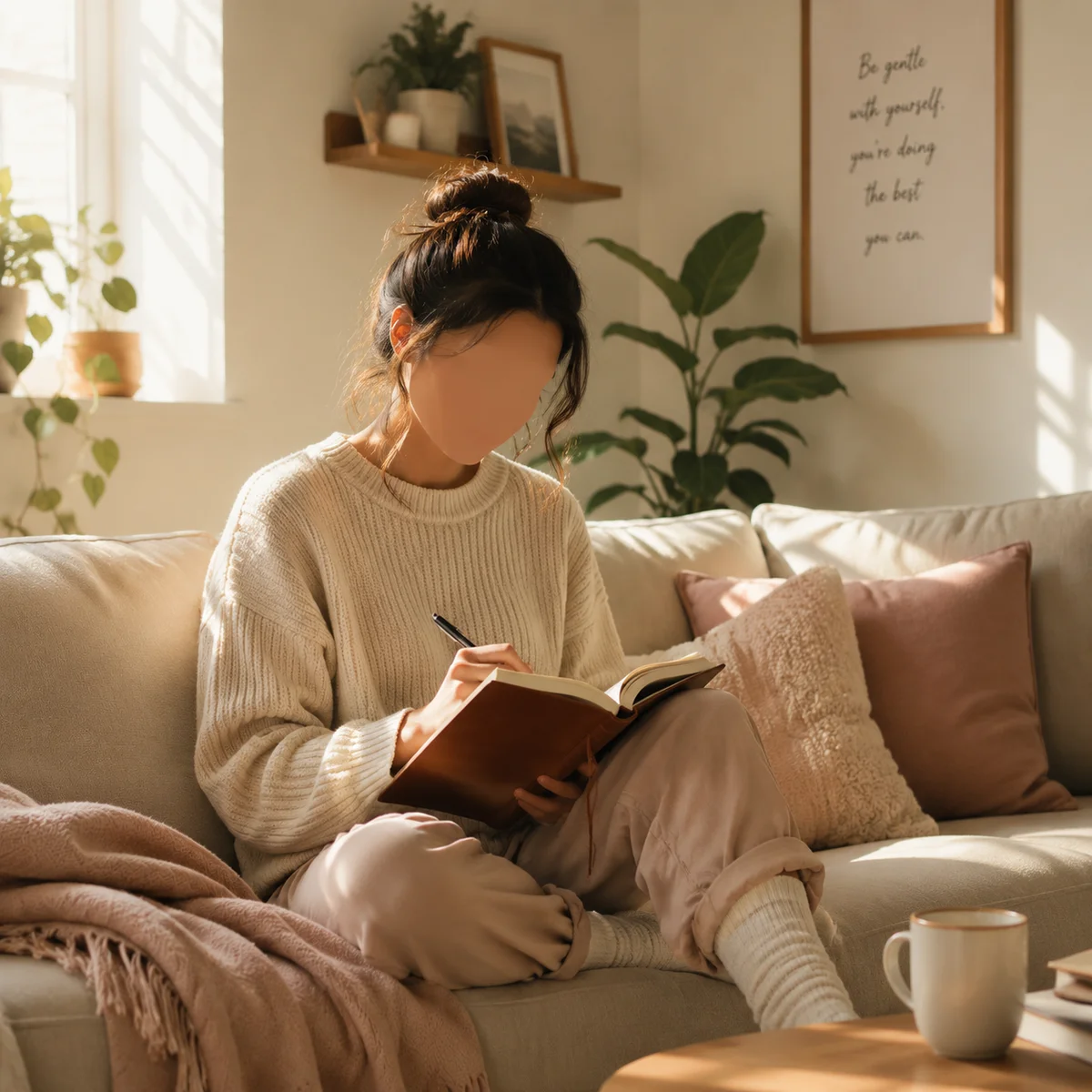 Person writing boundaries in journal in sunlit living room