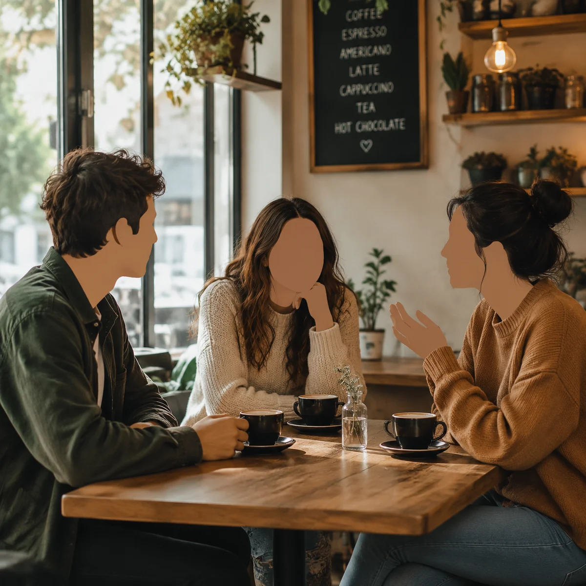 Three people having calm conversation at café table