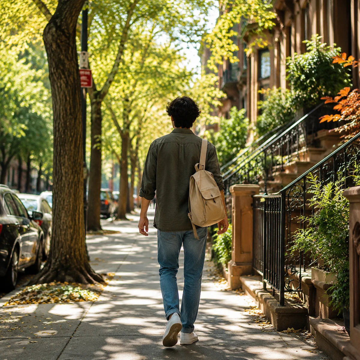 Person walking confidently on sunlit city street