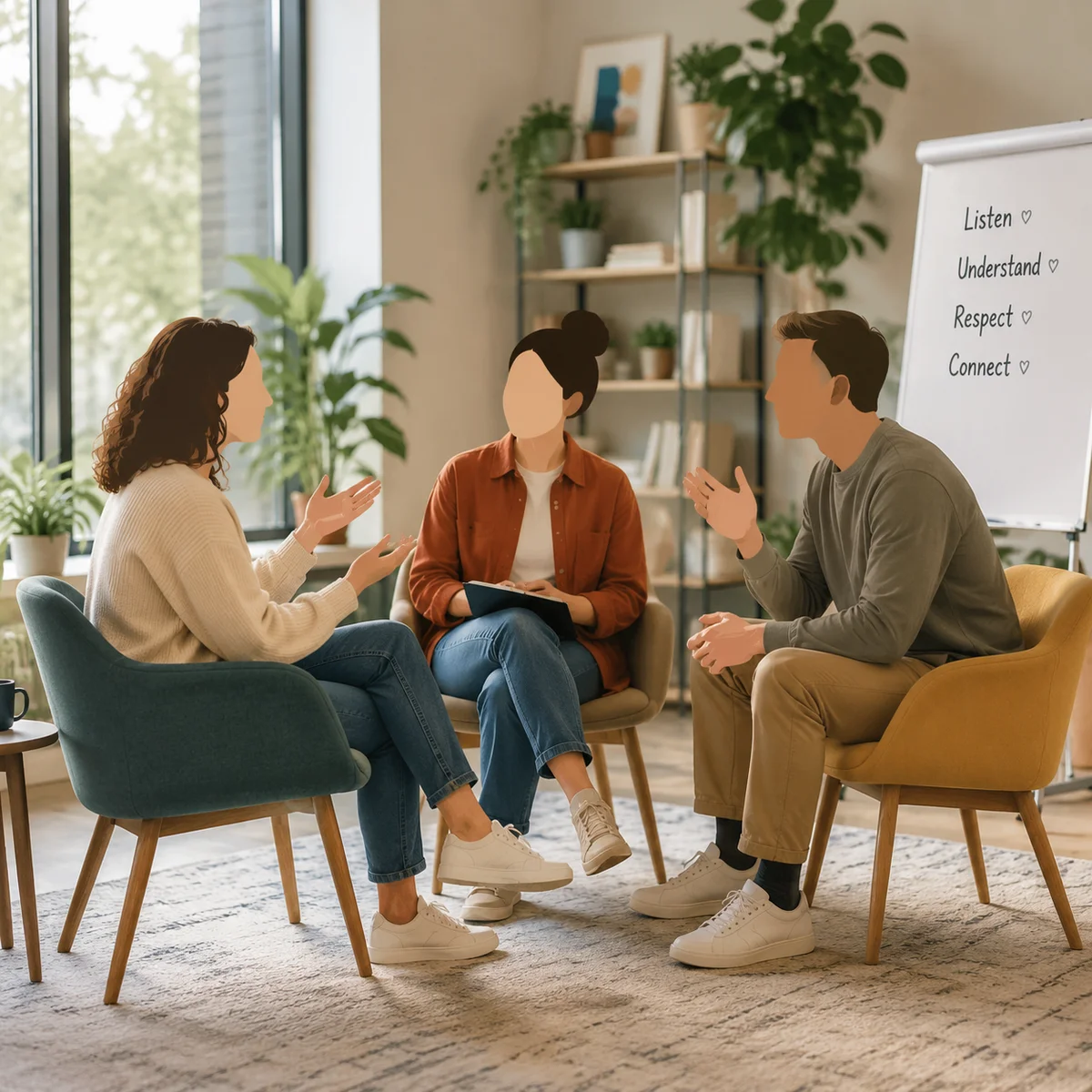 Three people in respectful discussion in bright modern room