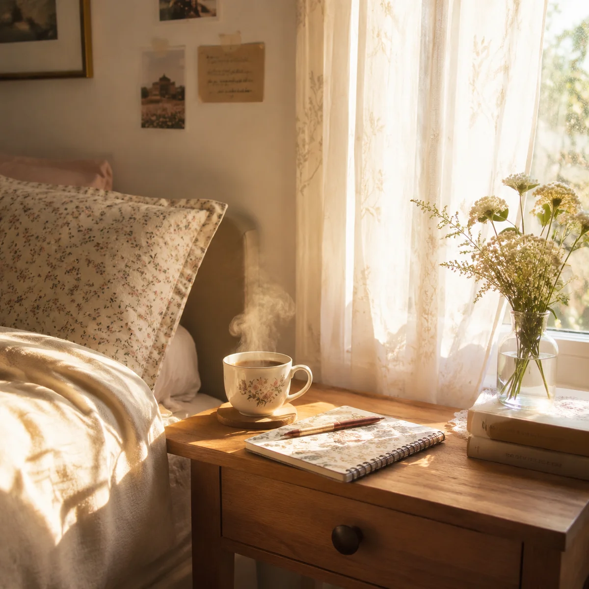 Journal and tea on nightstand with soft morning light