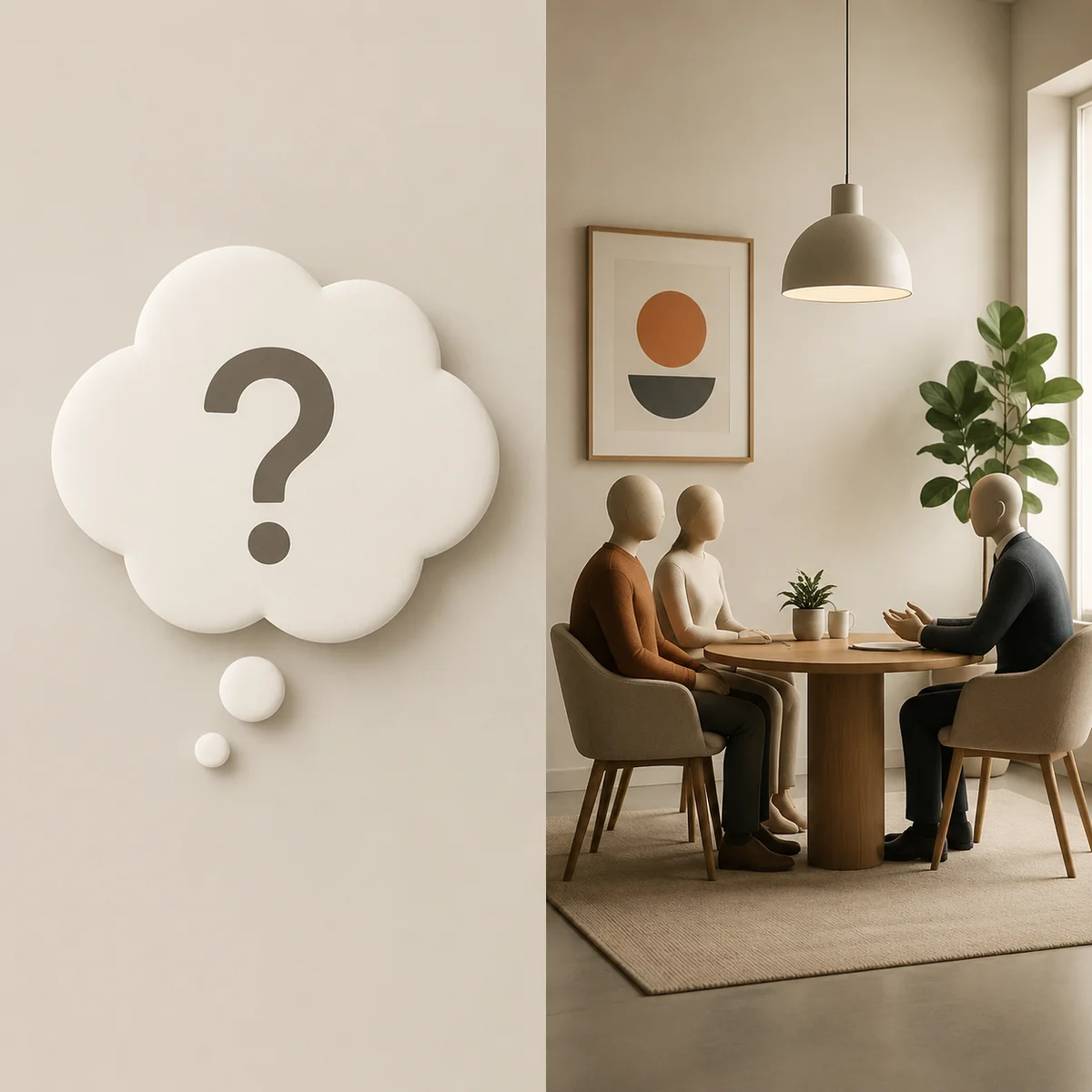 Thought bubble with question mark and people at table in split composition