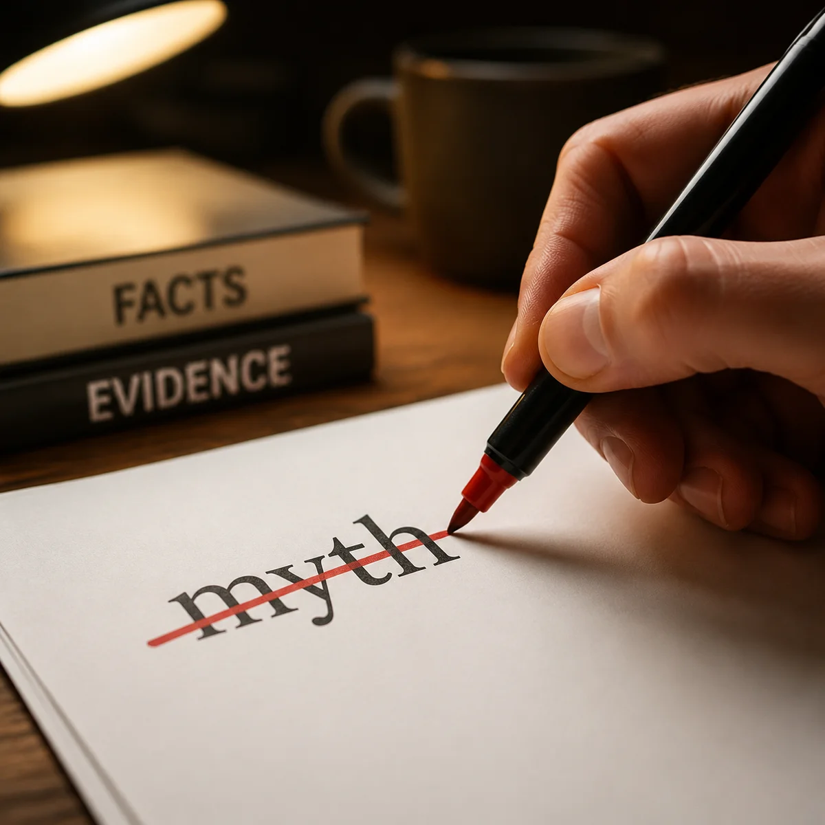 Hand crossing out word myth on paper with red pen