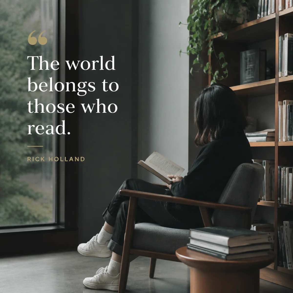 Person reading book in quiet modern library corner