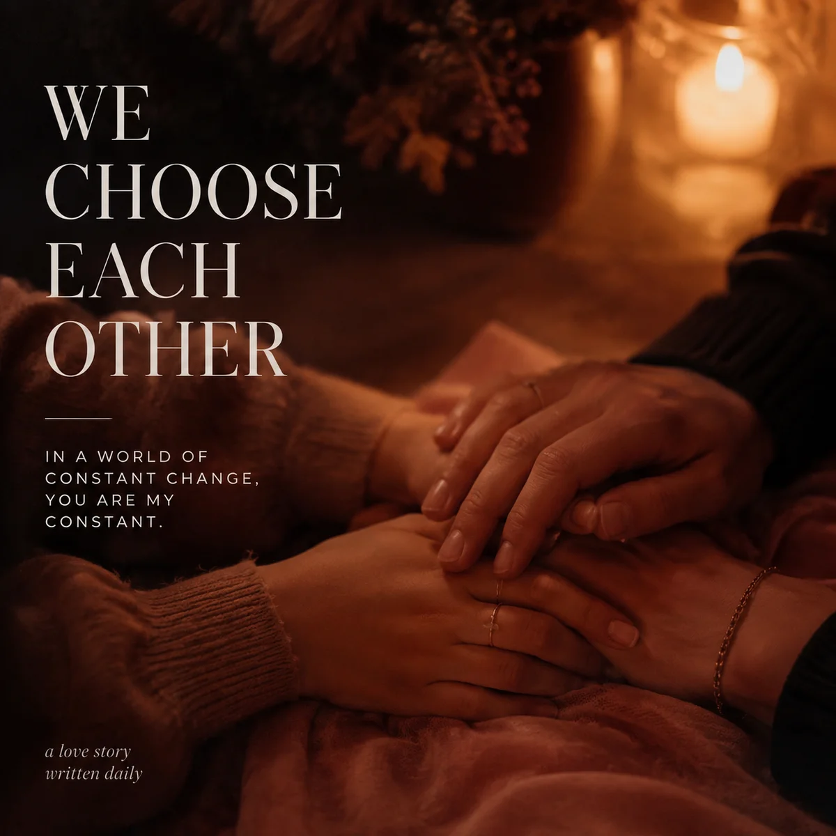 Three hands intertwined in warm candlelight, symbolizing connected triad intimacy