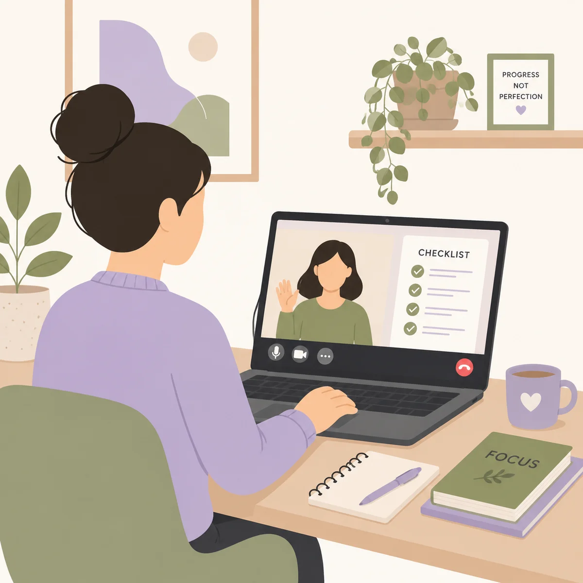 Flat vector illustration of a person on a video call with a laptop, checklist visible on screen, warm lavender tones
