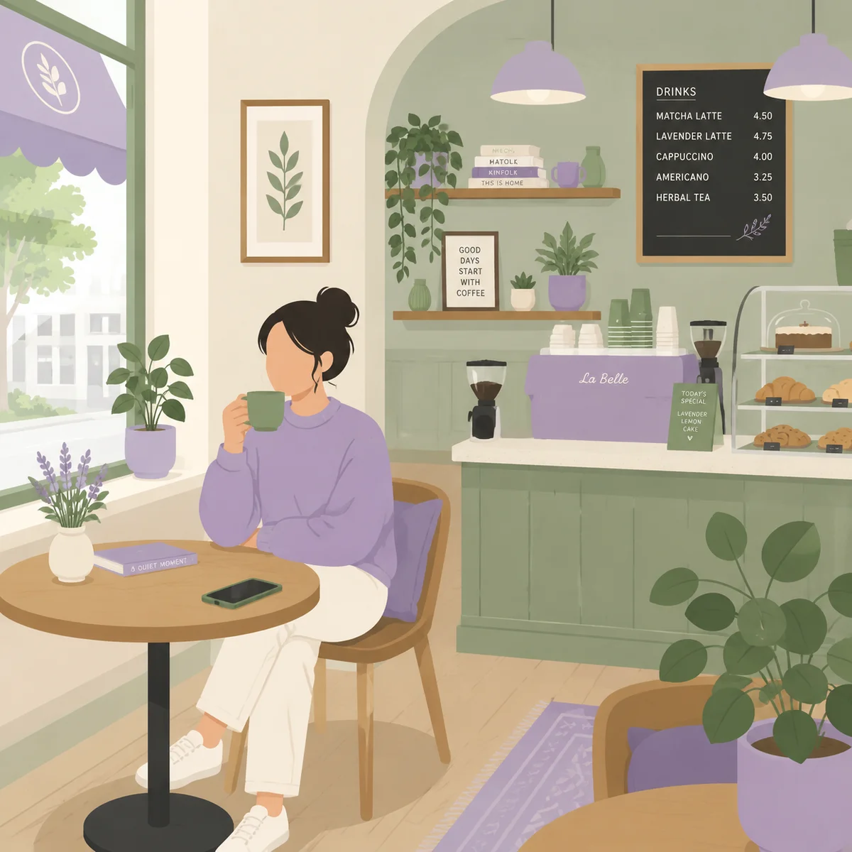 Flat vector illustration of a cozy well-lit cafe interior with a person sitting at a table, phone visible, soft sage and lavender palette